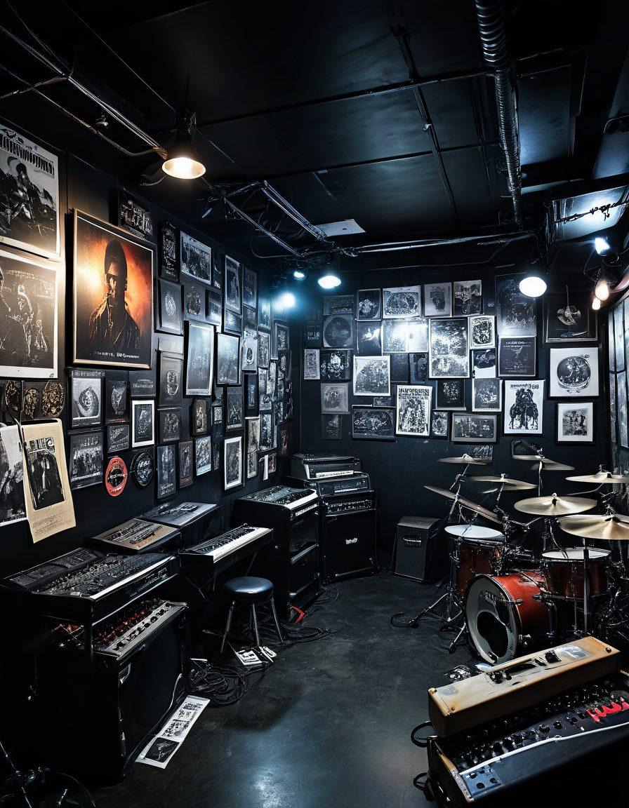A dark, atmospheric underground music venue with dim lighting, showcasing a diverse crowd of passionate metalheads immersed in live performances. Include musicians with intense expressions, dynamic instruments, and a backdrop of posters of underground bands. Small, hidden areas filled with eclectic memorabilia representing the rich history of metal. Emphasize the vibrant energy of the community. dark and moody. super-realistic. high contrast.