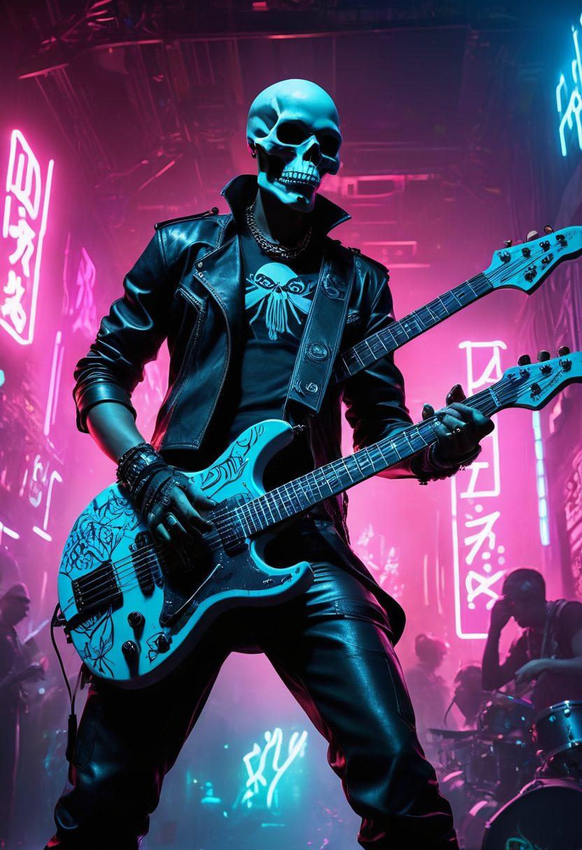 A futuristic concert scene with a steel metal band performing on stage, showcasing powerful energy and passionate fans in the crowd. Heavy metal themes like skulls, electric guitars, and graffiti art intertwine with elements of underground culture. Dimly lit with neon lights casting vibrant colors, the atmosphere feels intense and rebellious. Add flowing smoke and animated movement to evoke a sense of excitement. cyberpunk. vibrant colors. 3D.