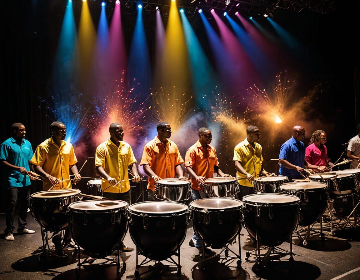 A powerful stage scene featuring a steel band performance, with musicians passionately playing shiny steel drums under vibrant spotlights. The audience is captivated, showcasing diverse emotions, while colorful sound waves radiate from the instruments, symbolizing the heart of the music. The background has abstract waves of sound in dynamic shapes, merging with a blend of intense colors reflecting the energy of the performance. super-realistic. vibrant colors. energetic atmosphere.